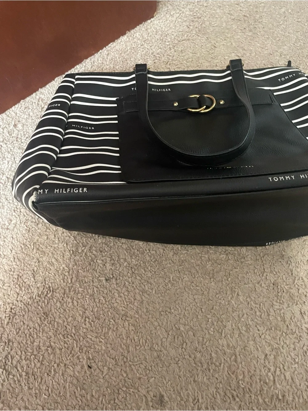 Tommy Hilfiger Black and White Striped Tote with Front Pocket